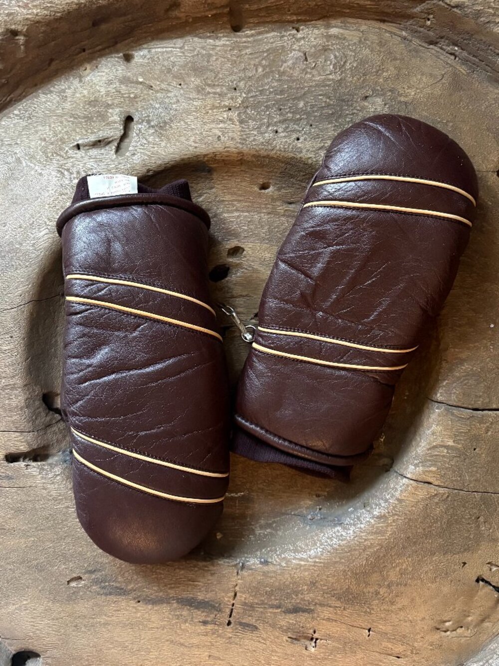 Vintage brown cowhide leather lined men's winter mittens size medium retro